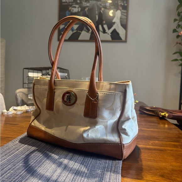 Coach Signature Canvas handbag with attached blue ribbon bow. - Picture 2 of 4